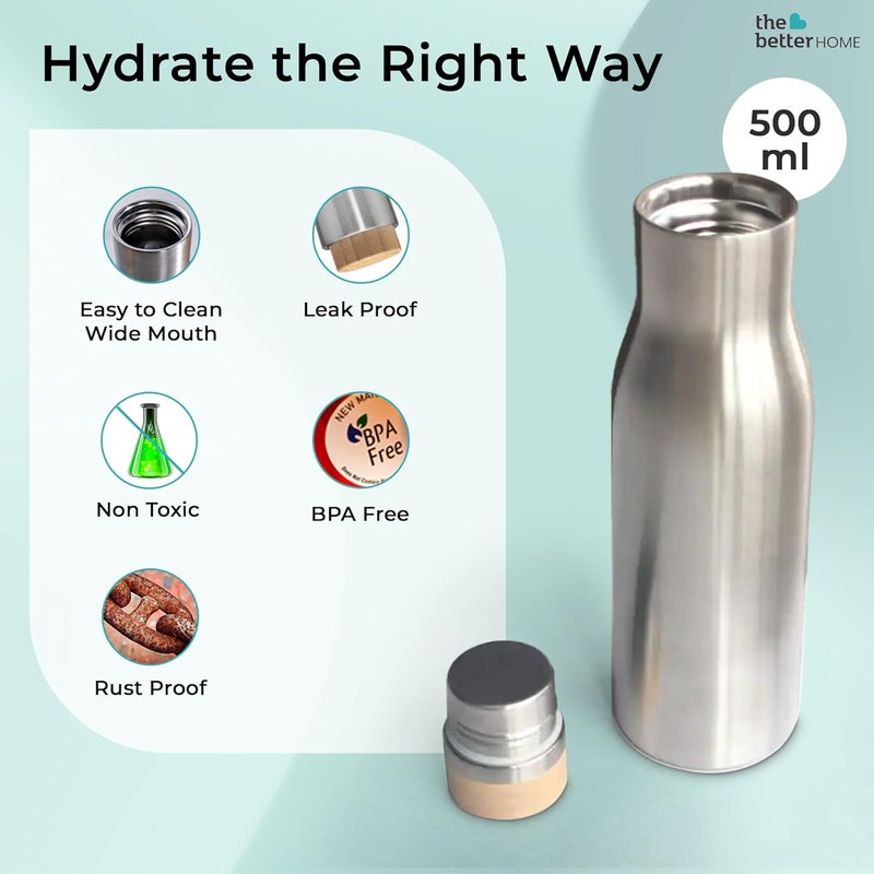 UMAI Insulated Stainless Steel Water Bottle with Bamboo Lid 500 Ml |Non-Toxic & BPA Free Water Bottle for Home Office Kids| Hot for 18 Hours,Cold for 24 Hours|Rust-Free & Leak-Proof Bottle - Image 4