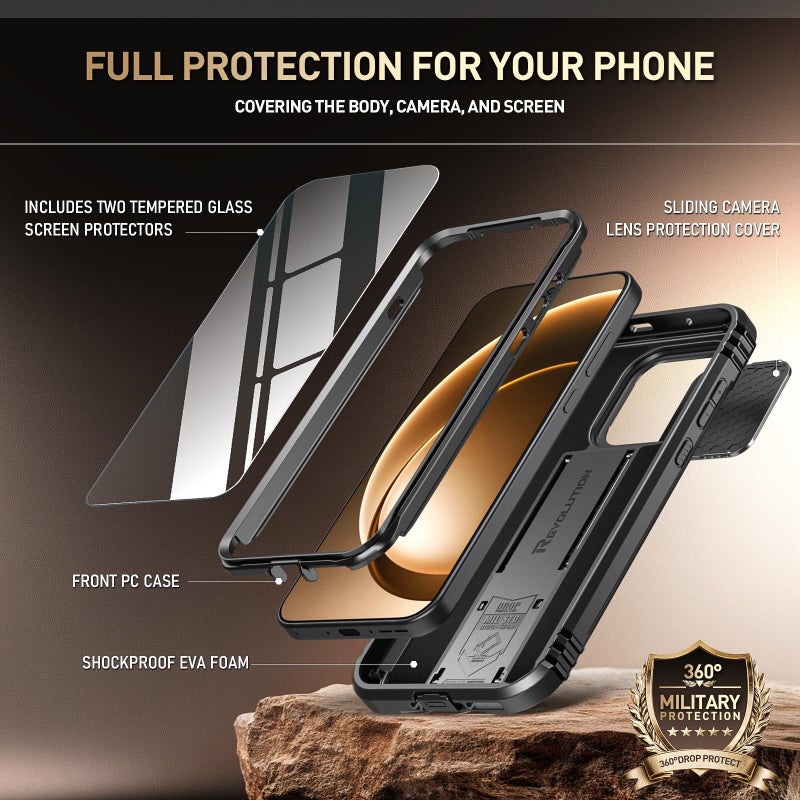Poetic Revolution Case for OnePlus 15 5G, | Slide Camera Cover | 2 Tempered Glass Screen Protector | 20FT Mil-Grade Drop Tested | Full-Body Rugged Dual-Layer Shockproof Case with Kickstand, Black - Image 2