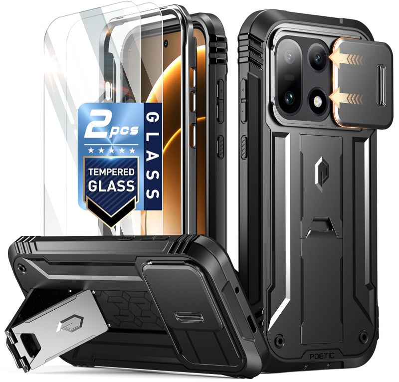 Poetic Revolution Case for OnePlus 15 5G, | Slide Camera Cover | 2 Tempered Glass Screen Protector | 20FT Mil-Grade Drop Tested | Full-Body Rugged Dual-Layer Shockproof Case with Kickstand, Black - Image 1