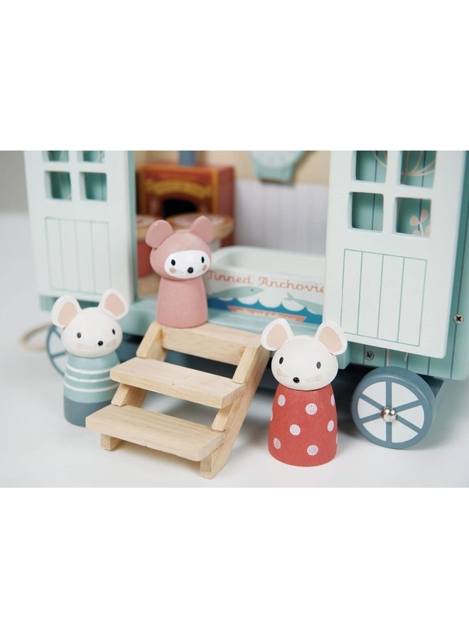 Tender Leaf Toys Tender Leaf Toys - Secret Meadow Shepherdâ€™s Hut - Portable Furnished Wooden Shepherdâ€™s Hut on Wheels with 11 Pcs Accessories and 3 Mice Dolls - Open-Ended Play and Story Tellings - Age 3+ - Image 1