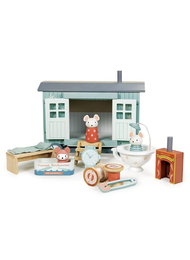 Tender Leaf Toys Tender Leaf Toys - Secret Meadow Shepherdâ€™s Hut - Portable Furnished Wooden Shepherdâ€™s Hut on Wheels with 11 Pcs Accessories and 3 Mice Dolls - Open-Ended Play and Story Tellings - Age 3+ - Image 3