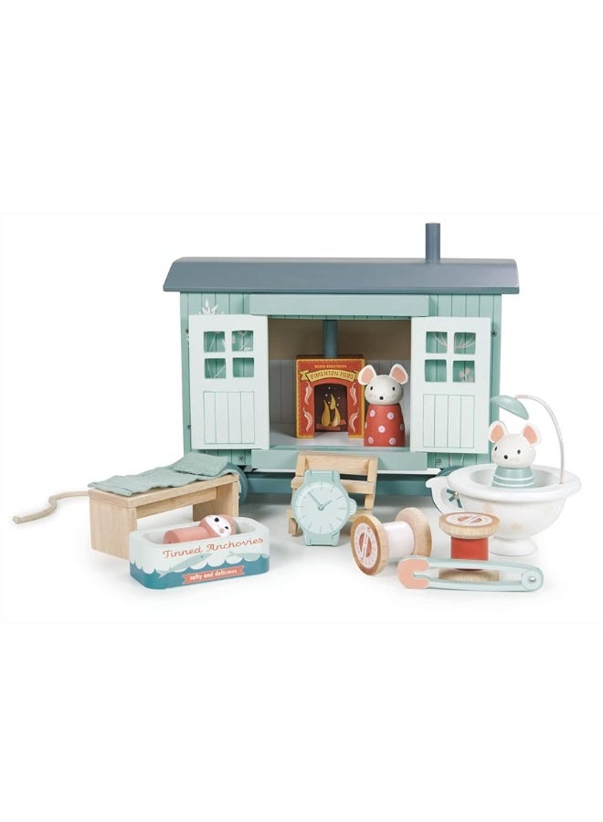 Tender Leaf Toys Tender Leaf Toys - Secret Meadow Shepherdâ€™s Hut - Portable Furnished Wooden Shepherdâ€™s Hut on Wheels with 11 Pcs Accessories and 3 Mice Dolls - Open-Ended Play and Story Tellings - Age 3+ - Image 2