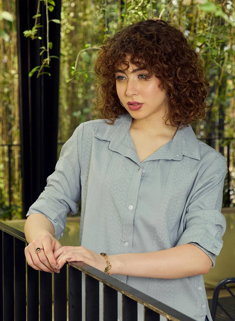 Pinacolada Women's Blue Self Design Relaxed Shirt For Casual Wear | V-Neck | Long Sleeve | Button Closure | Shirt Crafted With Cotton Blend Comfort Fit For Everyday Wear