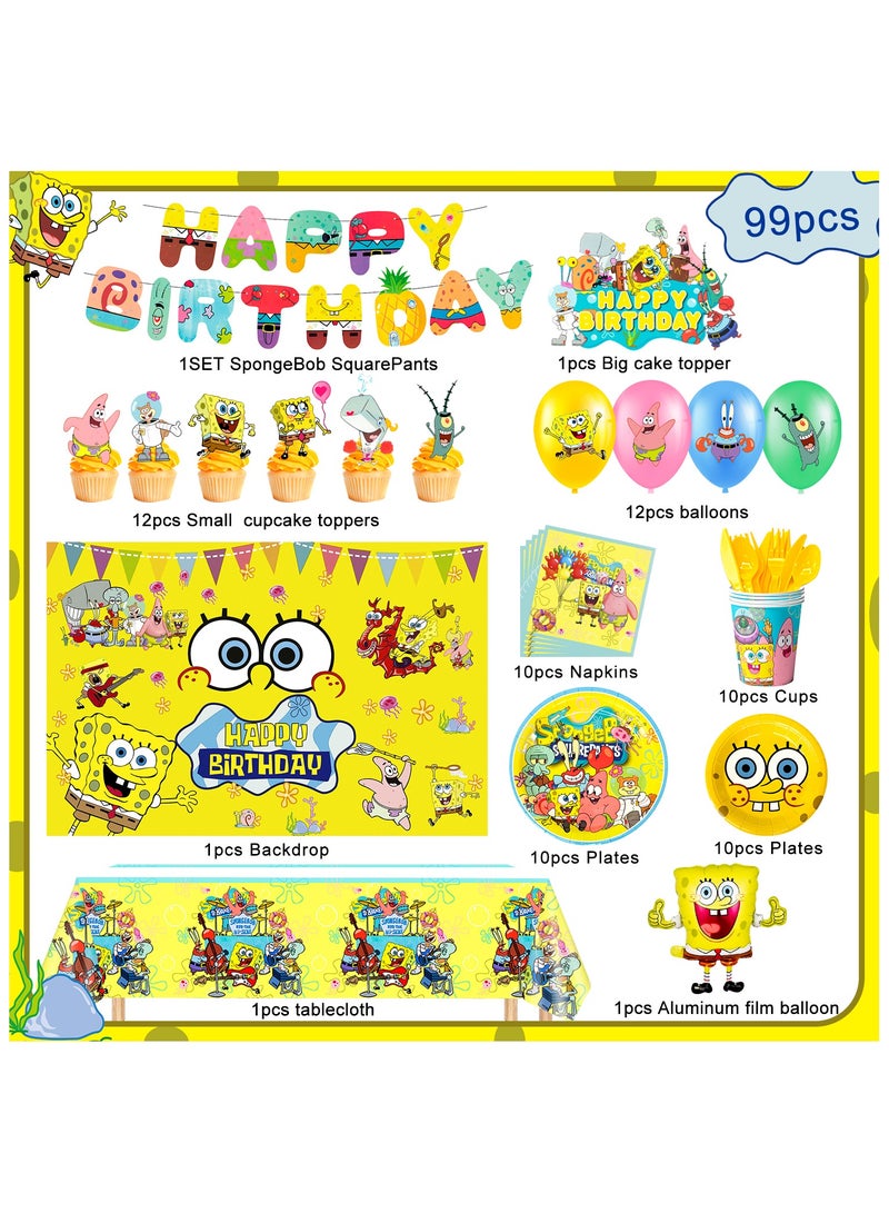 ILovhaprty SpongeBob Birthday Decorations for 10 Guests, 99 Pcs SpongeBob Party Decorations & SpongeBob Party Tableware Set - SpongeBob Party Plates Cups Napkins Backdrop Balloon Banners etc SpongeBob Party Supplies - Image 2