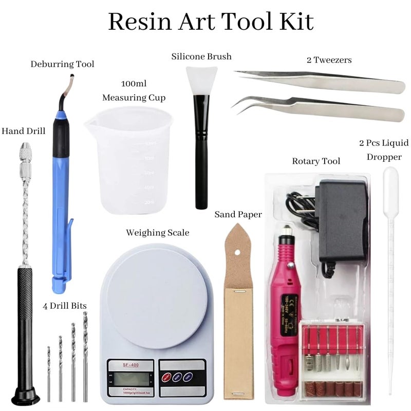 R H LIFESTYLE R H LIFESTYLE 12 Pcs Epoxy Resin Art Tool Kit with Measuring Cup, Silicone Brush, Rotary Tool, Tweezers, Measuring Scale, Sand Paper, Deburr Handle, Hand Drill and Dropper DIY Resin Art Kit (Big)  - Image 2