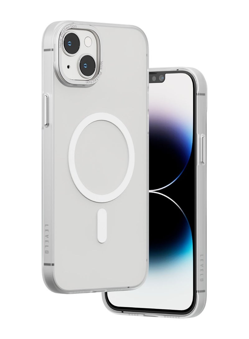 LEVELO iPhone 14 Plus Case MagSafe Glory Matte Back Cover / Anti-Shock Proof / Metal Camera Ring / Ultra-Slim Hard Case / MagSafe Compatibility - Matte Clear/Silver