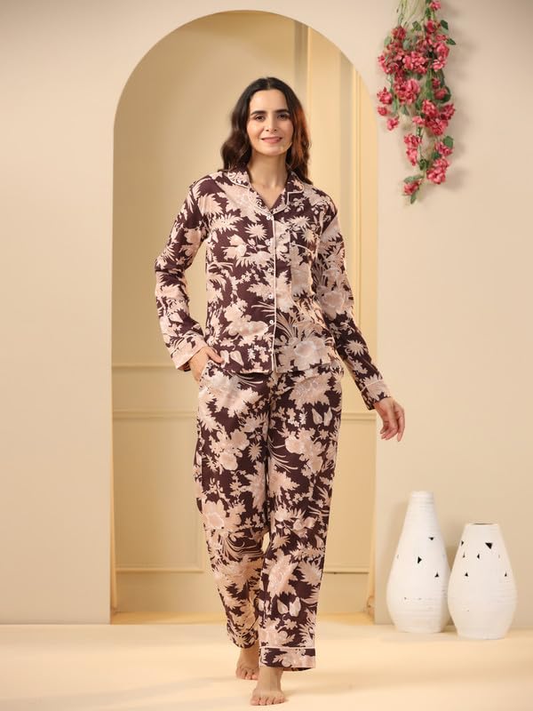 SAY Women Night Suits Pajama Sets, Pure Cotton, Floral Printed, Wine Color, Long Sleeve, Night Suit for Women, Sleep Suit - Image 3
