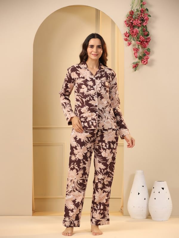 SAY Women Night Suits Pajama Sets, Pure Cotton, Floral Printed, Wine Color, Long Sleeve, Night Suit for Women, Sleep Suit - Image 2
