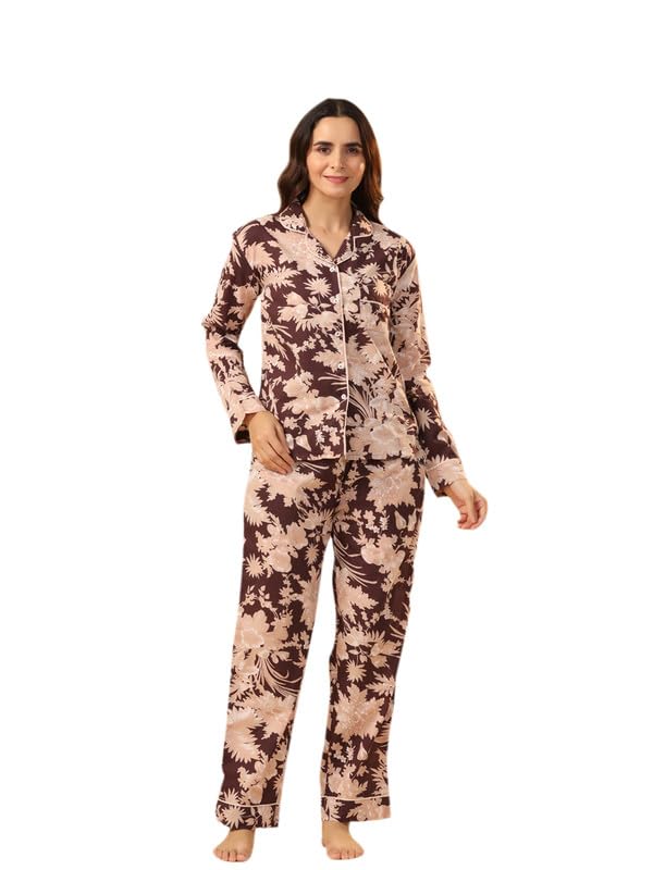 SAY Women Night Suits Pajama Sets, Pure Cotton, Floral Printed, Wine Color, Long Sleeve, Night Suit for Women, Sleep Suit - Image 1