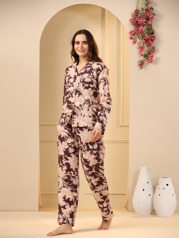SAY Women Night Suits Pajama Sets, Pure Cotton, Floral Printed, Wine Color, Long Sleeve, Night Suit for Women, Sleep Suit - Image 4