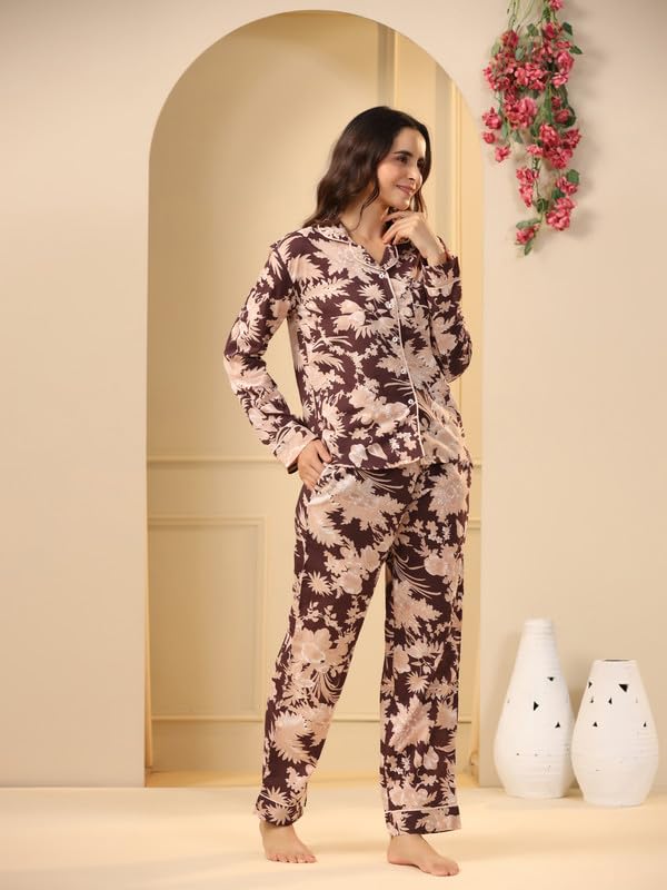 SAY Women Night Suits Pajama Sets, Pure Cotton, Floral Printed, Wine Color, Long Sleeve, Night Suit for Women, Sleep Suit - Image 5