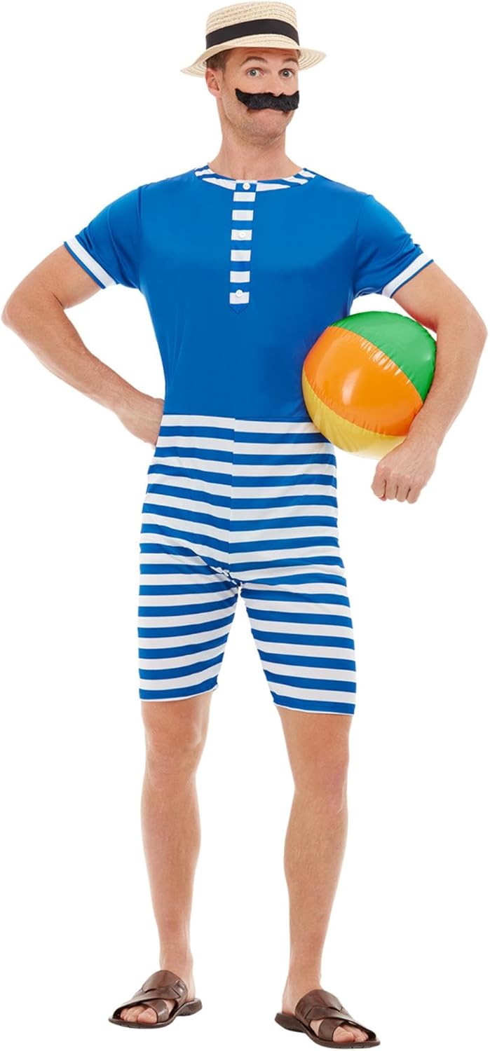 Smiffys 20s Bathing Suit Costume Blue  White with Short Jumpsuit Hat  Moustache 1920s Razzle Fancy Dress 1920s Dress Up Costumes - Image 1