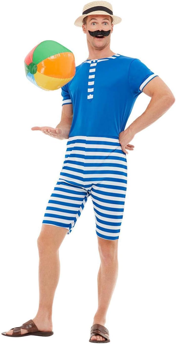 Smiffys 20s Bathing Suit Costume Blue  White with Short Jumpsuit Hat  Moustache 1920s Razzle Fancy Dress 1920s Dress Up Costumes - Image 4