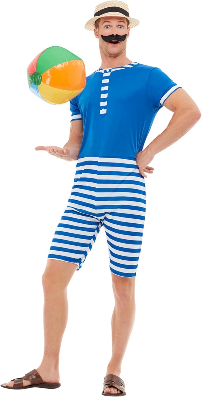 Smiffys 20s Bathing Suit Costume Blue  White with Short Jumpsuit Hat  Moustache 1920s Razzle Fancy Dress 1920s Dress Up Costumes - Image 5