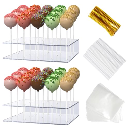 2 Pack Cake Pop Stand with Sticks Kit Acrylic Lollipop Hold Stand Clear Cake Pop Display Holder 15 Holes Candy Pop Holder with 100 Pcs Sticks 100 Pcs Clear Wrappers 100 Pcs Gold Twist Ties
