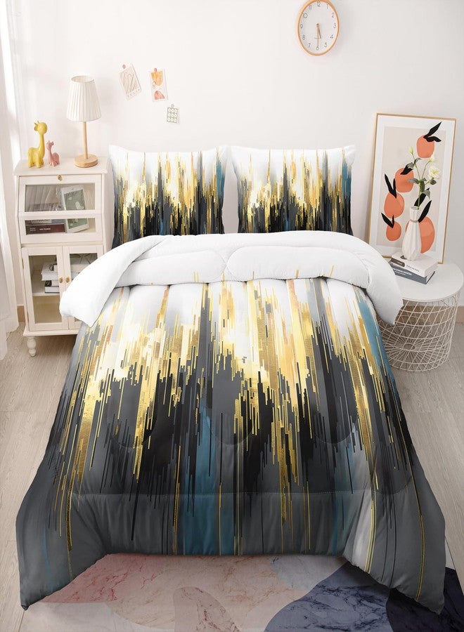 Nttopship Black White Gold Gradient Color Print Comforter Set Queen Size,Abstract Art Bedding Set,Patchwork Printed Quilted Set for Teens Adult,with 1 Comforter and 2 Pillow Case - Image 1