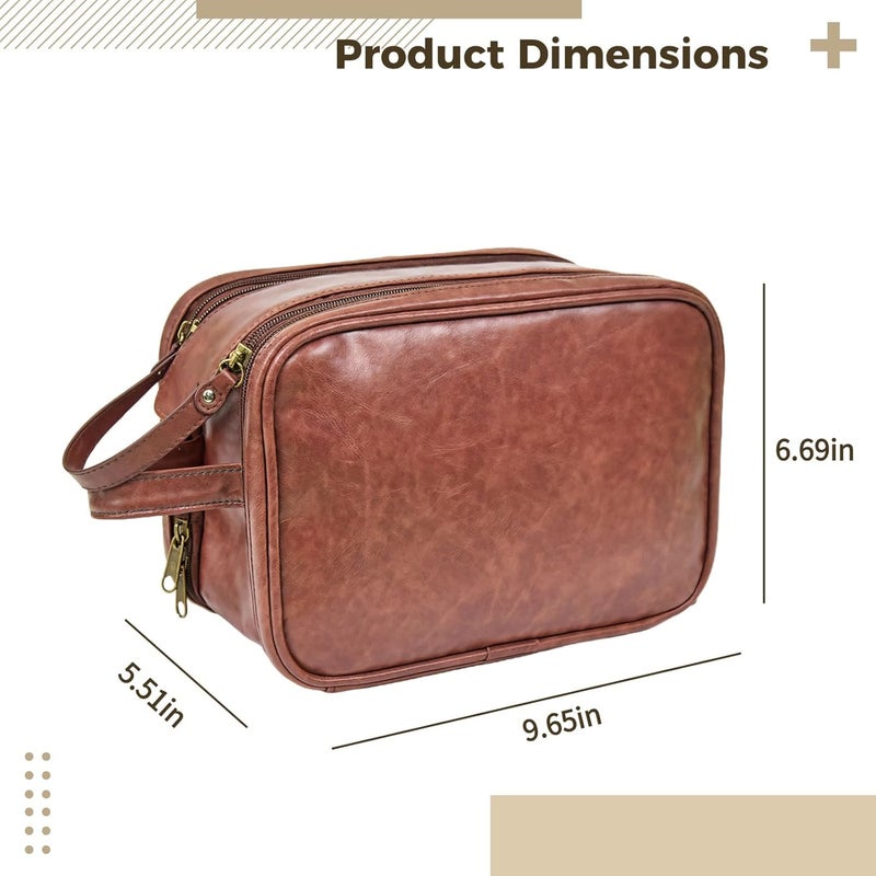 Travel Toiletry Bag For Men, Mens Pu Leather Shaving Bag With Double Zipper, Large Brown Hanging Toiletry Travel Bag - Image 4