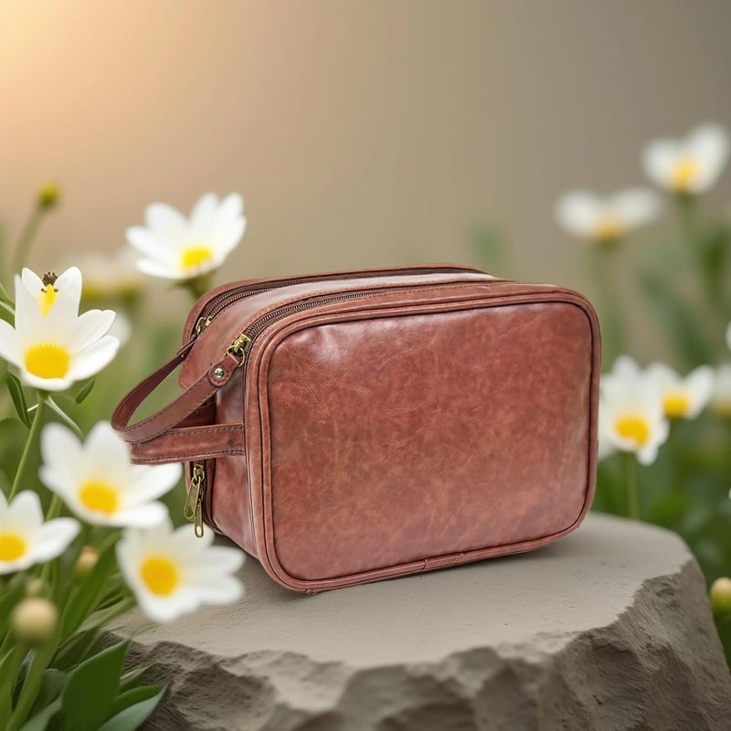 Travel Toiletry Bag For Men, Mens Pu Leather Shaving Bag With Double Zipper, Large Brown Hanging Toiletry Travel Bag - Image 3