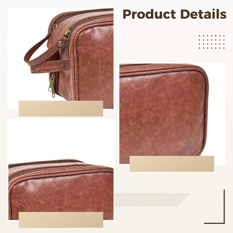 Travel Toiletry Bag For Men, Mens Pu Leather Shaving Bag With Double Zipper, Large Brown Hanging Toiletry Travel Bag - Image 2