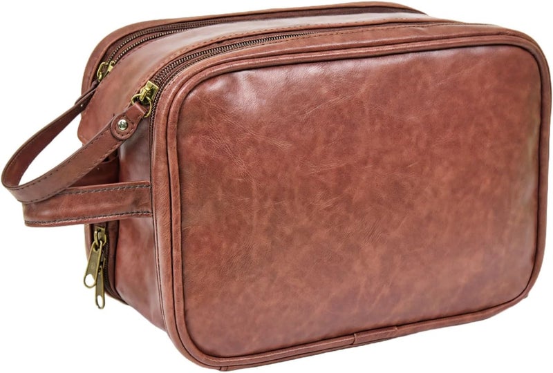 Travel Toiletry Bag For Men, Mens Pu Leather Shaving Bag With Double Zipper, Large Brown Hanging Toiletry Travel Bag - Image 1