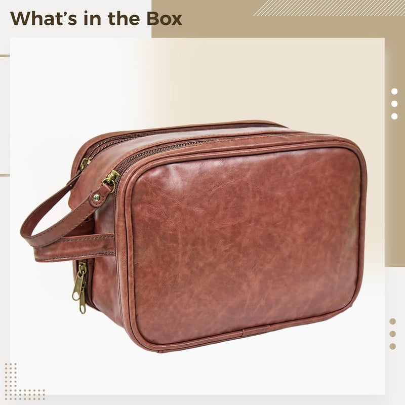 Travel Toiletry Bag For Men, Mens Pu Leather Shaving Bag With Double Zipper, Large Brown Hanging Toiletry Travel Bag - Image 5