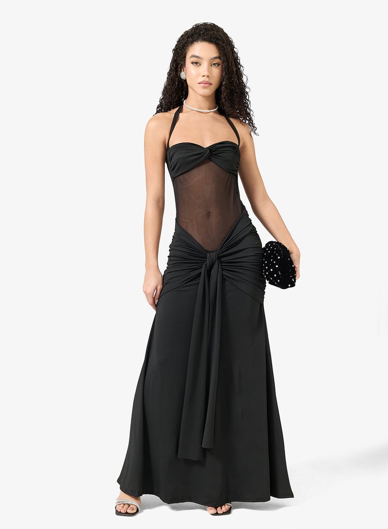 Ginger Halter Neck Mesh Detail Draped Dress - Image 1