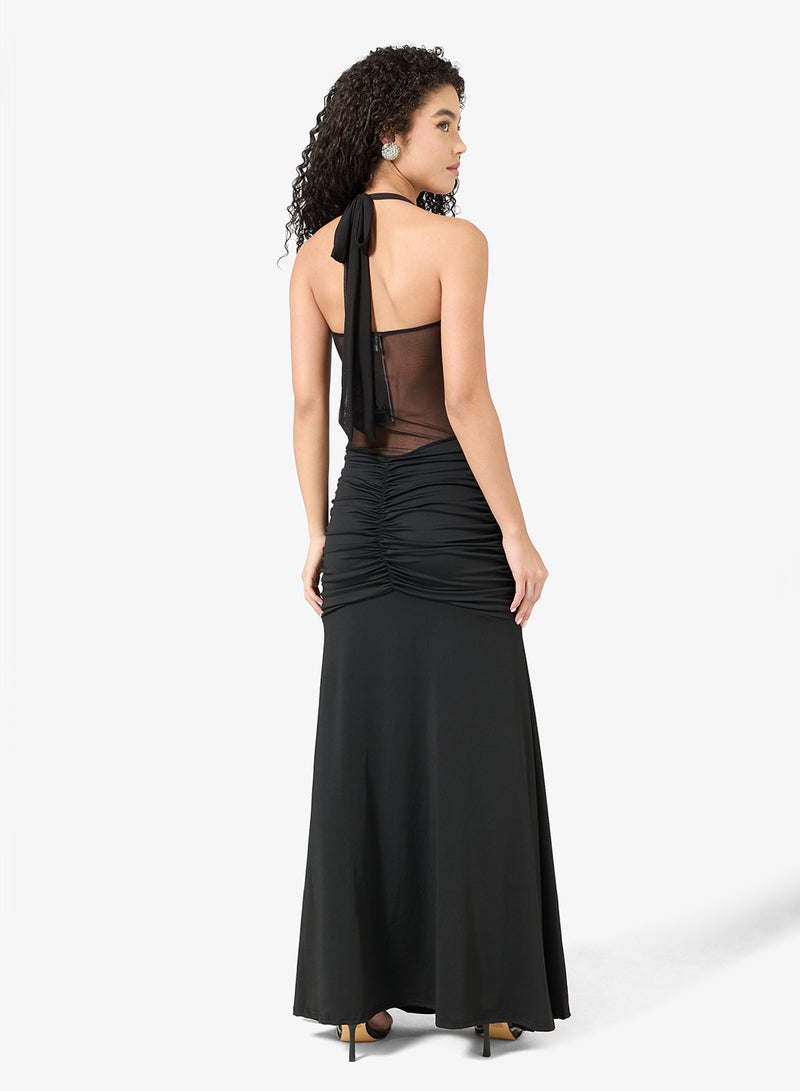 Ginger Halter Neck Mesh Detail Draped Dress - Image 2