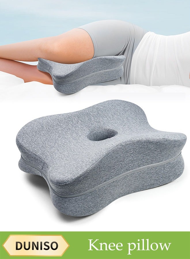 DUNISO Knee Pillow for Side Sleepers，Memory Foam Leg Pillow for Sleeping，Leg Pillow with Washable Cover，Hollow and Breathable Design，for Hip Pain, Lower Back Pain Relief，Suitable for Supporting Thighs, Knees, Ankles，34*24*8/14CM，Grey - Image 1