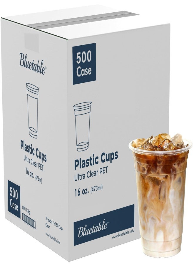 Bluetable Iced Coffee Cups 16 oz Bulk [500 Pack] Ultra Clear PET - 98 mm Lid – 3.9 Inch Lid, Plastic Disposable Cup 16oz Crystal Clear Cups for Boba Tea Cold Brew Cup [500 Pack/Case] - Image 1
