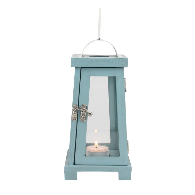 Stonebriar Coastal Worn Blue Wooden Tea Light Candle Lantern with Handle - Image 2
