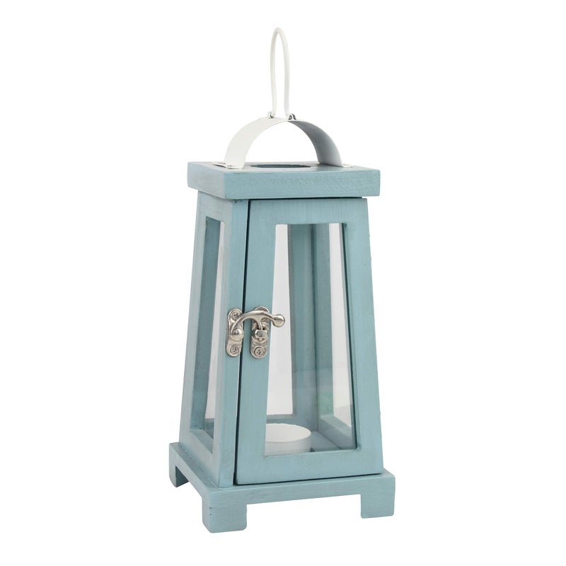Stonebriar Coastal Worn Blue Wooden Tea Light Candle Lantern with Handle - Image 1