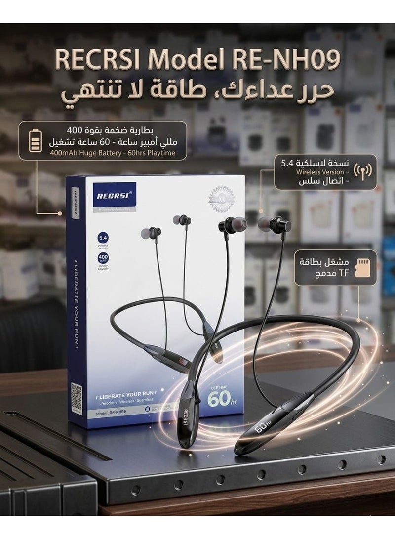 ريكرسي سماعة بلوتوث لاسلكية RECRSI RE-NH09 - بطارية 400mAh (تشغيل 60 ساعة) - إصدار 5.4 - تدعم بطاقة ذاكرة TF - مثالية للرياضة - Image 2