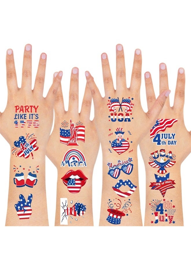 HOWAF 4th of July Fake Tattoos 96 pieces Fourth of July Tattoos Stickers Set, American Independence Day Temporary Tattoos for Kids, USA Flag Red White & Blue Tattoos for Labor Day Party Favors - Image 1