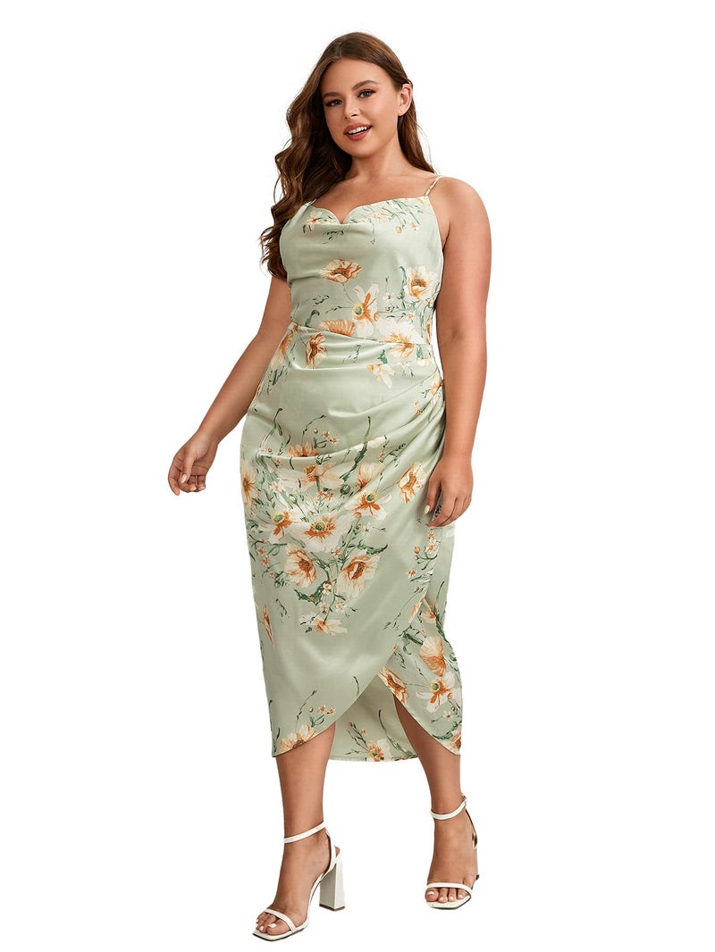 Floerns Women's Plus Size Satin Spaghetti Strap Cowl Neck Wrap Party Cami Dress Floral Green 1XL - Image 5