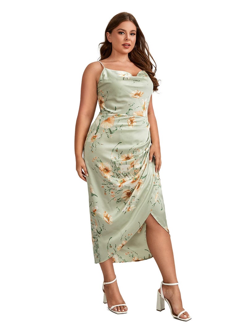 Floerns Women's Plus Size Satin Spaghetti Strap Cowl Neck Wrap Party Cami Dress Floral Green 1XL - Image 4
