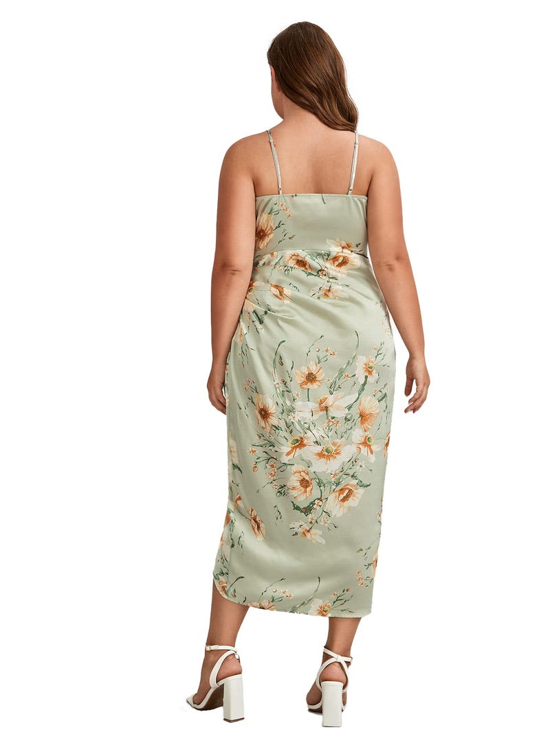 Floerns Women's Plus Size Satin Spaghetti Strap Cowl Neck Wrap Party Cami Dress Floral Green 1XL - Image 2