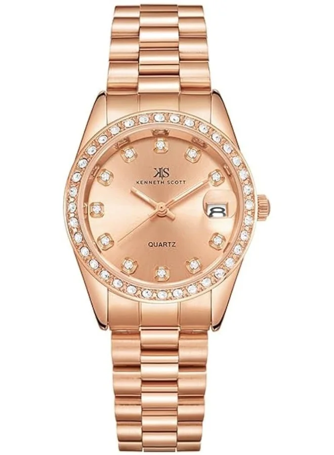 كينيث سكوت Kenneth Scott Women's SL28 Movement Watch, Analog Display and Solid Stainless Steel Strap - K23545-RBKK, Rose Gold