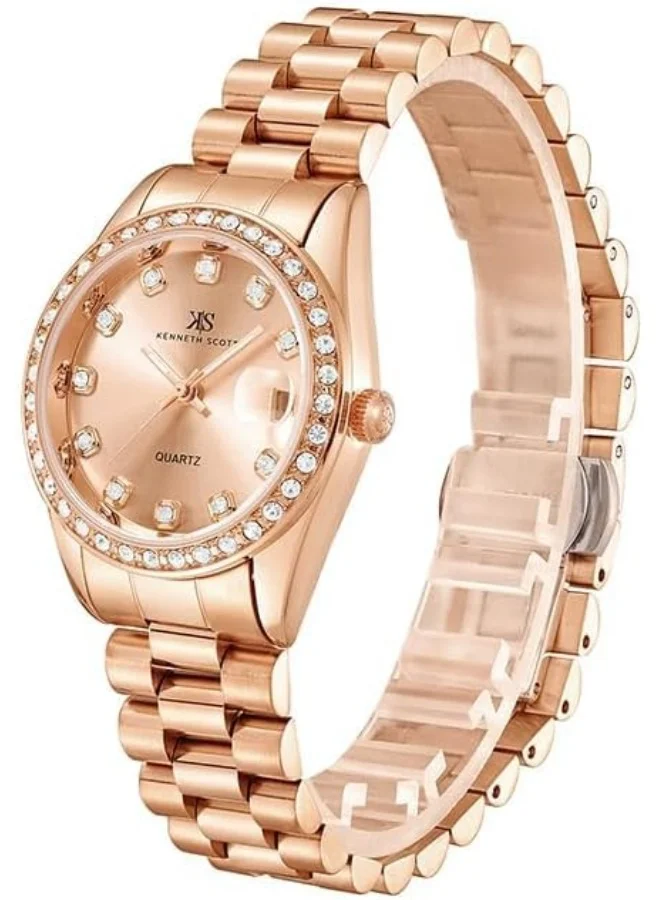 كينيث سكوت Kenneth Scott Women's SL28 Movement Watch, Analog Display and Solid Stainless Steel Strap - K23545-RBKK, Rose Gold
