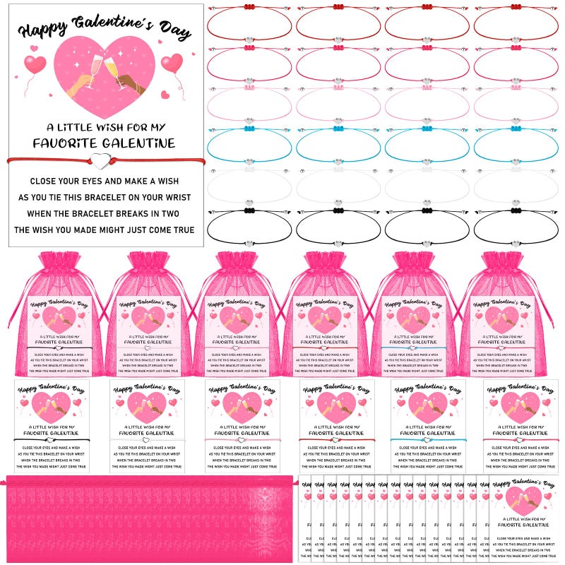 Youdaju 24 Sets Galentine's Day Wish Heart Friendship Bracelets Adjustable Besties Matching Bracelets with Wish Cards & Organza Bags BFF Girl Bracelets Best Friend Valentines Gifts for Women Girls - Image 1