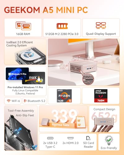 GEEKOM [Designed for Bulk Orders] A5 Mini PC with AMD Ryzen 5 7430U, 16GB RAM(Expandable), 512GB NVMe SSD, Windows 11 Pro Desktop Computer, 8K Quad Display, HDMI 2.0, SD 4.0 Slot, Bunsiness Home - Image 2