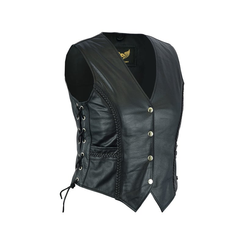 Leatherick Women Top Grain Genuine Buffalo Black Ladies Leather Vests for Motorcycle Bikers as1 alpha m regular regular Black With Braid M
