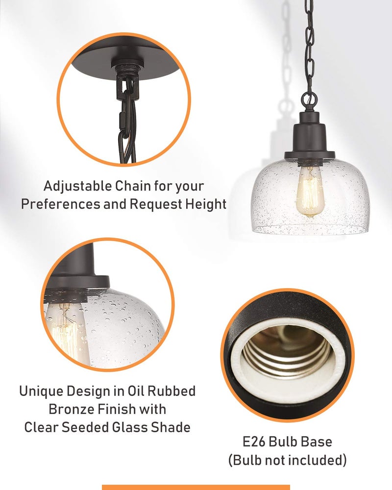 EAPUDUN 1-Pack Farmhouse Pendant Light, 1-Light Industrial Hanging Light Fixture with 9.3" Round Seeded Glass Shade, Dark Bronze Finish, Vintage Ceiling Lighting for Kitchen Island & Dining Room - Image 5