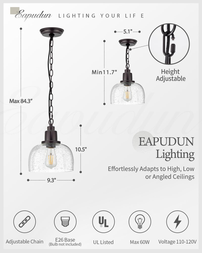 EAPUDUN 1-Pack Farmhouse Pendant Light, 1-Light Industrial Hanging Light Fixture with 9.3" Round Seeded Glass Shade, Dark Bronze Finish, Vintage Ceiling Lighting for Kitchen Island & Dining Room - Image 4
