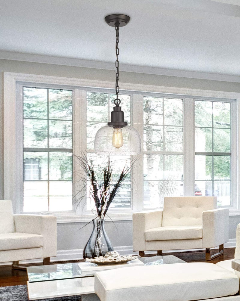 EAPUDUN 1-Pack Farmhouse Pendant Light, 1-Light Industrial Hanging Light Fixture with 9.3" Round Seeded Glass Shade, Dark Bronze Finish, Vintage Ceiling Lighting for Kitchen Island & Dining Room - Image 3