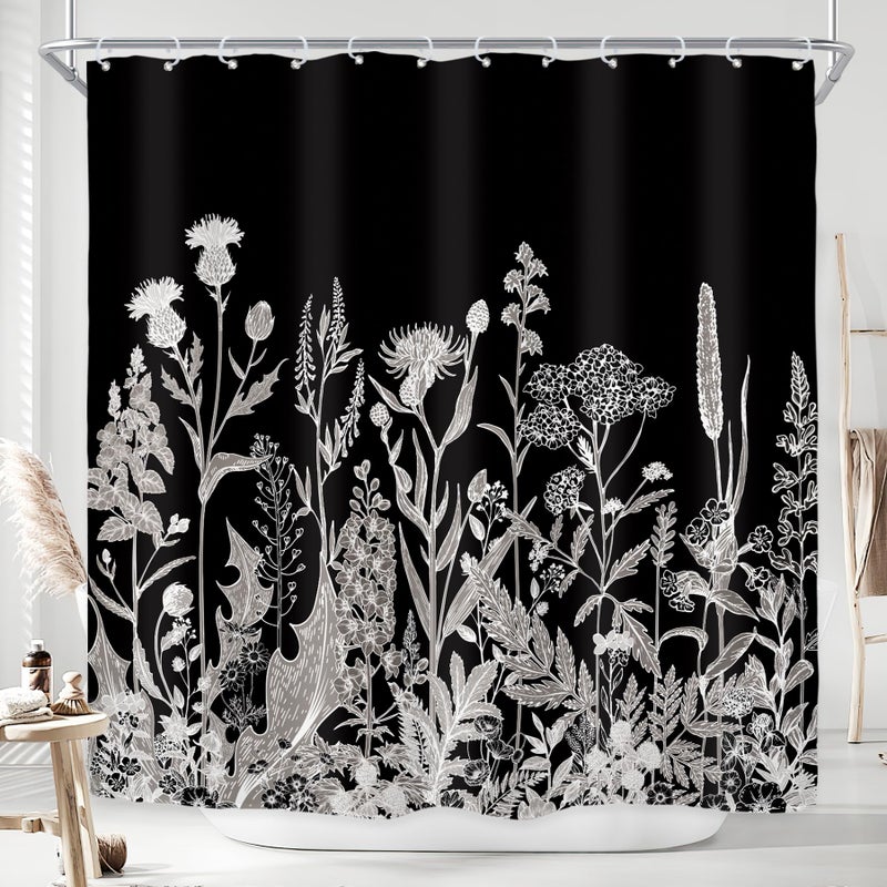 Riyidecor Black Floral Wild Wildflower Shower Curtain Botanical Herbs Plant Nature Blossom Flower Leaf Sketch Waterproof Fabric 72Wx72H Inch Polyester Bathroom Bathtub Decoration 12 Pack Plastic Hooks