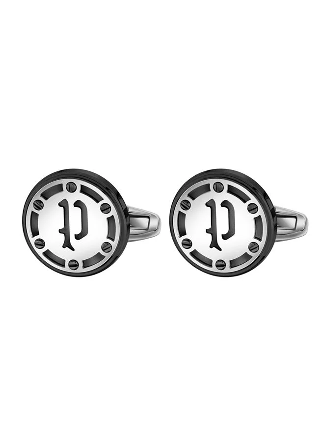 Police Stainless Steel Cufflinks For Men In Silver With Black Inlay