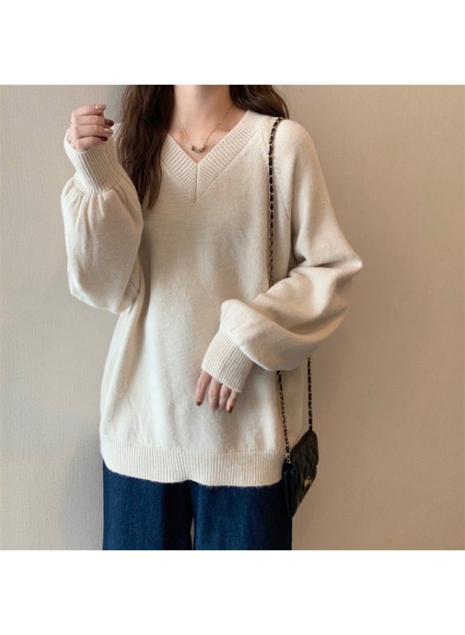 V Neck Long Lantern Sleeve Loose Knitted Sweater Pullover Tops Autumn Women