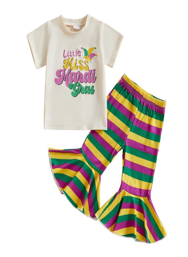 GOOCHEER Toddler Baby Girl Mardi Gras Outfit Little Miss Mardi Gras Short Sleeve T Shirt and Striped Flared Pants (Apricot, 6-12 Months) - Image 1