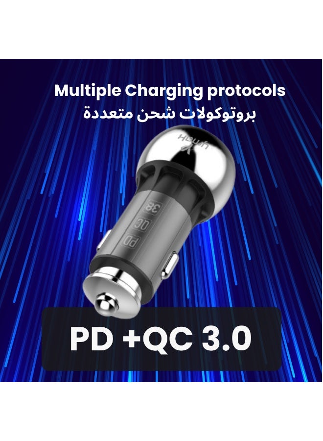 YMak Electronics 38W USB-C Car Charger with USB-A Port, 12V/24V Dual Port Car Adapter with 1m Type-C to Type-C Cable, PD & QC3.0 Compatible, for Smartphones and Devices - Image 4