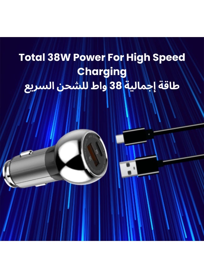 YMak Electronics 38W USB-C Car Charger with USB-A Port, 12V/24V Dual Port Car Adapter with 1m Type-C to Type-C Cable, PD & QC3.0 Compatible, for Smartphones and Devices - Image 3